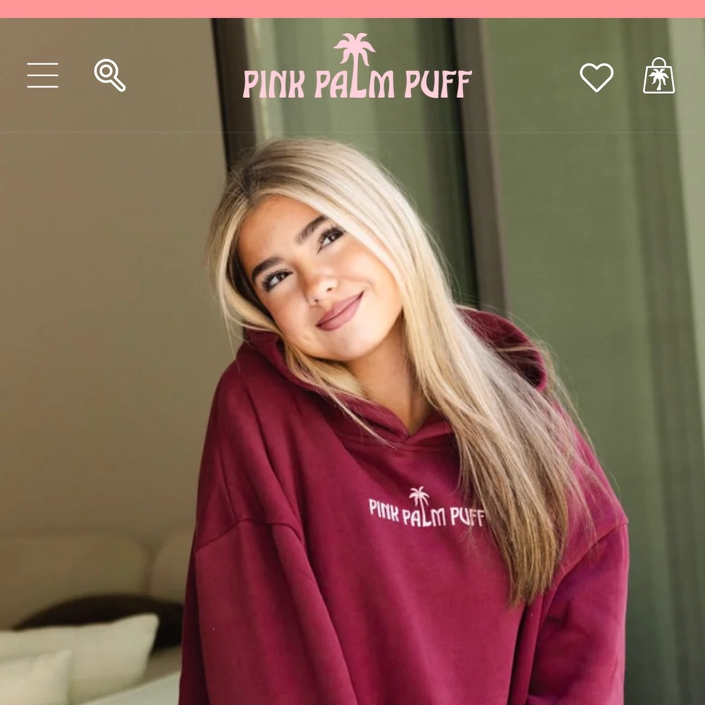 Pink Palm Puff Hoodie "Live in the Moment" Hoodie in Cherry Size Large NEW